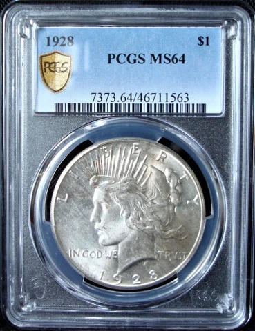 1928 Peace Silver Dollar - PCGS MS 64 - Gold Shield Cover