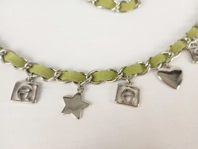 Etienne Aigner Chain Belt Green Leather Logo Heart Star Charms Silver Tone - Image 1 of 4