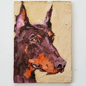 ACEO Original Painting Dog Doberman Pet Portrait Animals Gouache Modern Artwork - Picture 1 of 13