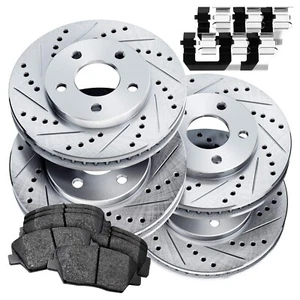 Power Sport Front Rear Silver Drilled Slotted Brake Rotors and Ceramic Pads C... - Picture 1 of 7