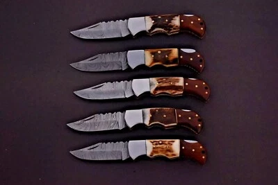 LOT OF 20,Handmade Damascus Steel Folding pocket Knife In Stag Horn With Sheaths - Image 1 of 4