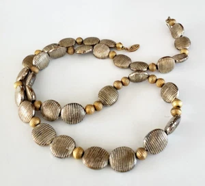 Vintage Oval Ribbed Flat Bead Frosted Silver & GoldTone Necklace Sterling Clasp - Picture 1 of 8