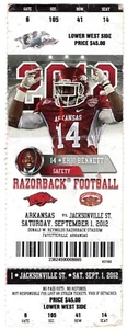 Arkansas Razorbacks Football Ticket Stub Jacksonville St 2012 Razorback Stadium - Bild 1 von 2