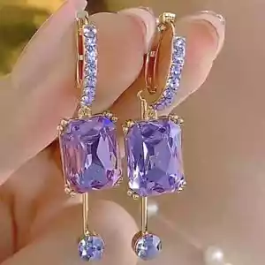 3Ct Emerald Cut Lab Created Amethyst Drop Dangle Earrings 14k Yellow Gold Plated - Picture 1 of 7