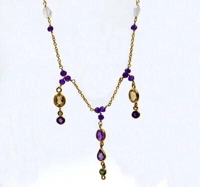 Collana in argento sterling 925 placcato oro 18" peridoto, ametista, collana ... - Immagine 1 di 4