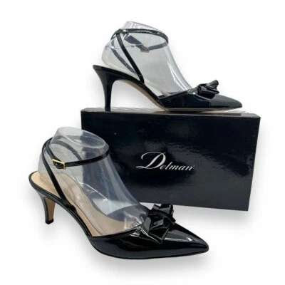 Delman Lyla 39.5 Black Patent Leather Heels Ankle Strap Bow Pointed Toe Pumps - Image 1 of 4