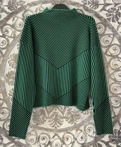 TAHARI Green & Black Striped High Neck Relaxed Knit Jumper Sweater Size Large - Picture 1 of 6