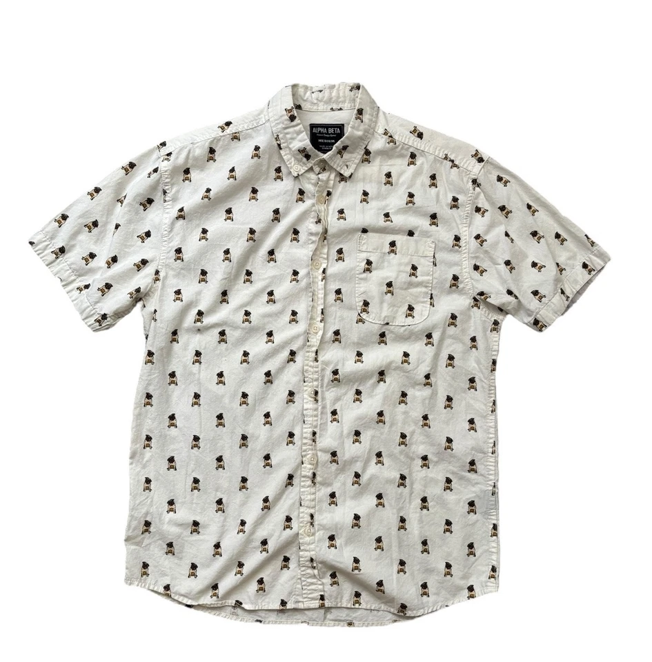 Camisa Alpha Beta Para Hombre Talla Mediana Blanca Abotonada Pug Cachorro Estampado Manga Corta Foto 1 de 4