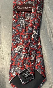 Oscar de la Renta Couture Men's Silk Neck Tie, Burgundy With Blue & Gray Floral - Picture 1 of 6