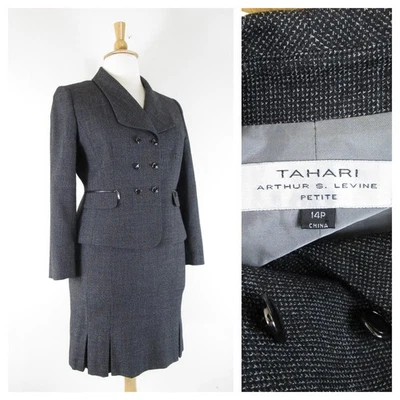 Tahari Womens Plus Size Petite Gray Tweed Skirt Suit 14P Formal Business Career - Image 1 of 4