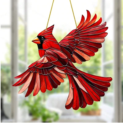 Large Red Bird/Cardinal Stained Glass Look-8" Hanging Ornament, Perfect Gift - Image 1 of 4
