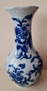 Blue & Grey Crackle Glaze Vase Flowers 29cm Tall