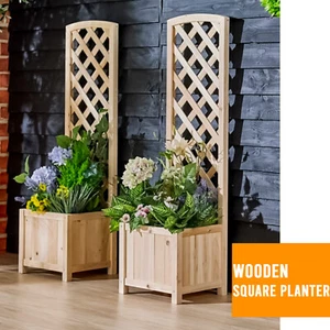2 Trellis Wooden Planter Garden Plant Flowerpot Lattice Box Patio Set Natural - Picture 1 of 1