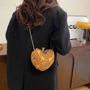 Glitter Heart Shape Handbag Embroidery Ladies Clutch Bag Party - Picture 1 of 17