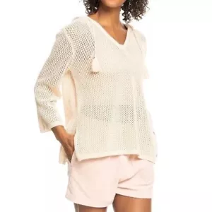 Roxy After Beach Break Oversized Cream Open Knit V-Neck Hoodie -XL -NEW IN TAGS - Picture 1 of 12