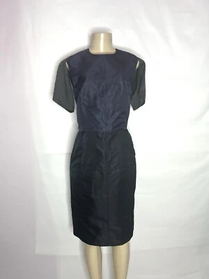 LANVIN SILK SPLIT SLEEVE NAVY BLUE BLACK SHEATH DRESS SIZE 40 - Image 1 of 4