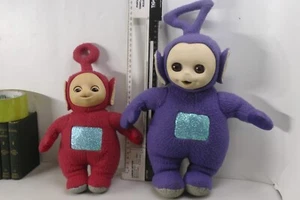 2x Teletubbies Plush Toys Po & Tinky Winky Soft Dolls 14" 10" Plastic Faces - Picture 1 of 5