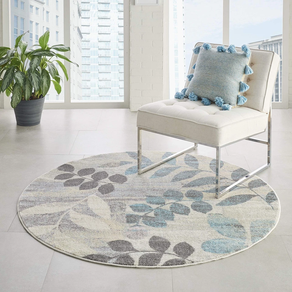 Nourison TRA01 Tranquil Modern Distressed Ivory/Light Blue Area Rug 5'XROUND ...