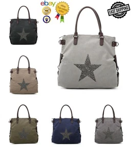Bolso de mano de lona talla grande para mujer dama con decoración estrella brillante en la parte delantera - Imagen 1 de 19