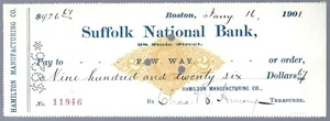 Cheque bancario RN-X7 Suffolk National Bank, MA Boston, 1901 - Imagen 1 de 2
