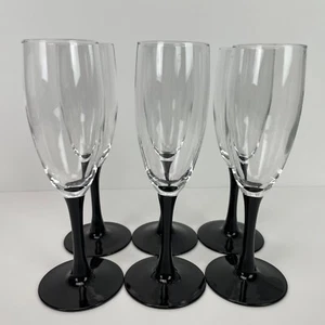 Black Stem Champagne Clear Flute Glasses Set 6 Cocktail Mid Century Modern 7.75” - Picture 1 of 8