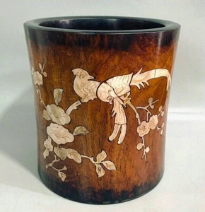 8.2" Chinese Huanghuali Wood Carving Flower Bird Pattern Brush Pot Pencil Vase - Picture 1 of 9