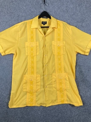 Omega Italy Guayabera Cabana Button Up Shirt Mens XL Yellow Embroidered Pockets - Image 1 of 4