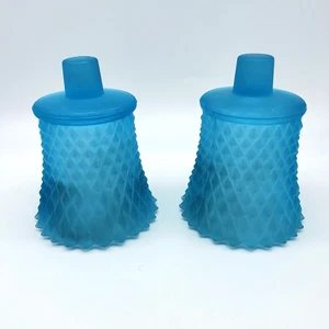 2 Vintage HOMCO Blue Frosted Satin Diamond Point Glass Peg Votive Candle Holders - Picture 1 of 8