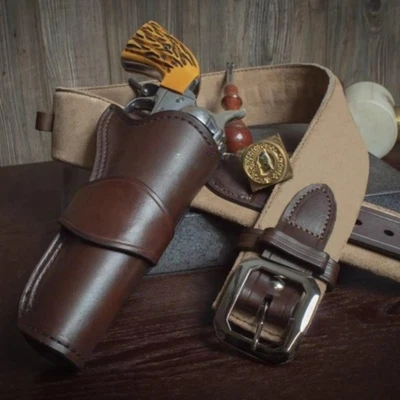 LUXYARA WESTERN LEATHER HOLSTER GUN BELT 44 / 45 BROWN HAND MADE COWBOY REVOLVER PISTOL