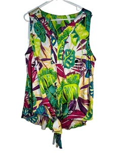 Chicos Tie Front Botanical Hawaiian Print Sleeveless Blouse sz 3 / 16 XL (13) - Picture 1 of 9