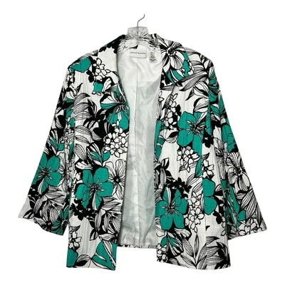 Alfred Dunner Size 12 Black Turquoise White Open no Buttons Blazer Jacket Floral - Image 1 of 4