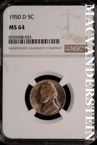 1950-D Jefferson Nickel - NGC MS 64 - Brilliant Unc  No Reserve  #SLi167 - Picture 1 of 2