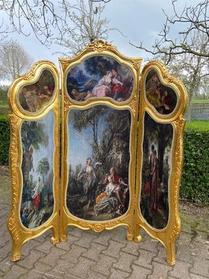 Room Divider: French Louis XVI 3-Panel Screen with Romantic 19th Century Scenes - Image 1 of 4