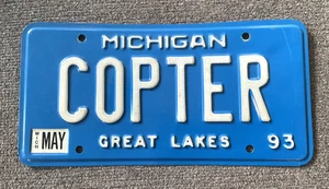 RARA TARGA MICHIGAN 1993 PERSONALIZZATA "COPTER" PILOTA MILITARE ELICOTTERO - Foto 1 di 2