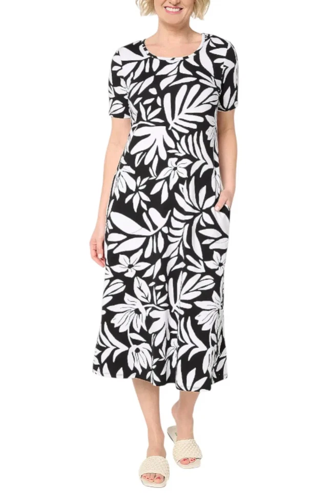 Denim & Co. Women's Favorite Short Sleeve Midi Dress Black Foral - Image 1 of 1