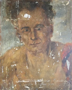 ::DIPINTO OLIO RITRATTO DI UOMO GIOVANE ALLEGRO NUDO LEGGERMENTE DANNEGGIATO - Foto 1 di 7