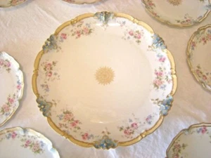 Antique Limoges Dessert CAKE Plate SET Roses French Blue Pink Service for 12 - Picture 1 of 9