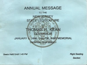 Invitation to Gov. Tom Kean's message to the New Jersey State Legislature 1990 - Picture 1 of 1