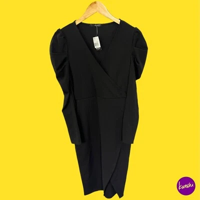 Vestido envolvente de crepé de buceo para mujer QUIZ, mangas abullonadas, escote en V, negro, Reino Unido 10 Foto 1 de 4