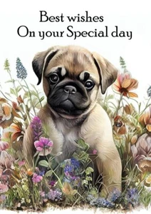 PUG CUTE PUPPY DOG & FLOWERS DOG BIRTHDAY GREETINGS NOTE CARD - Picture 1 of 1