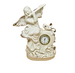 Angel Play Flute with Bird Beige Porcelain Mini Quartz Clock 7" Figurine Vintage - Picture 1 of 9