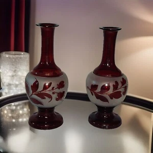 2 Vintage Czech Bohemian Ruby Red Frosted Hand Blown Glass Bud Vases - Picture 1 of 6