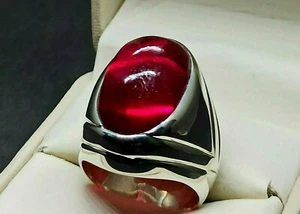 Oval Cabochon Big Deep Red Ruby Sterling Silver 925 Handmade Yaqoot Mens Ring - Picture 1 of 12