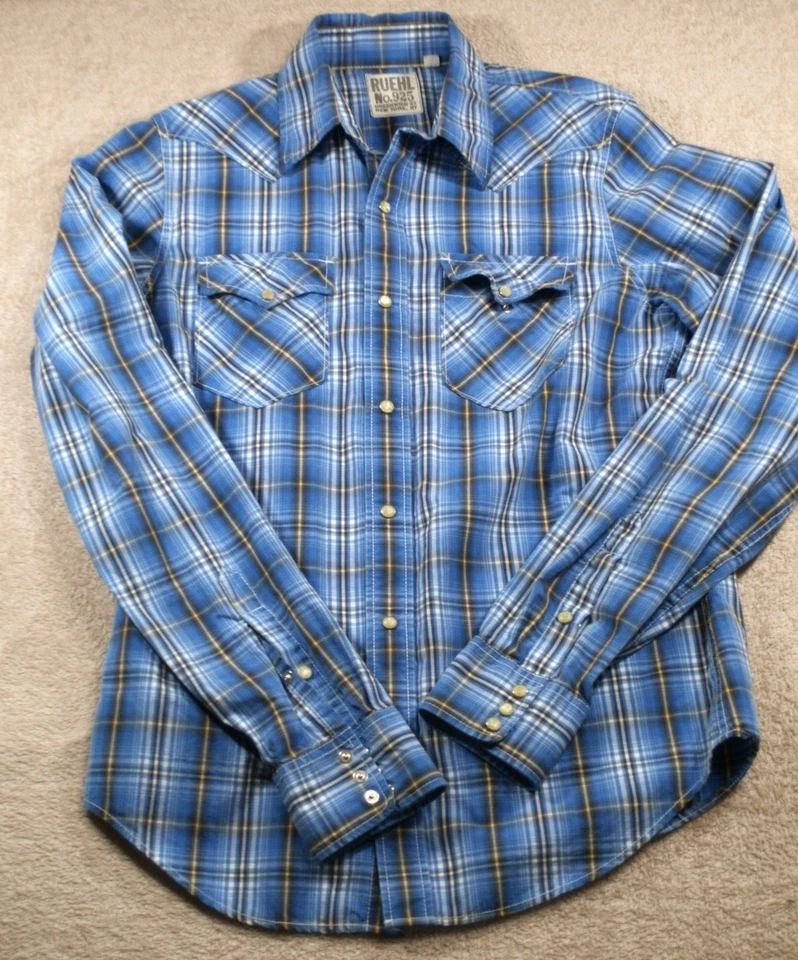 Camisa Ruehl Nº 925 Estilo Occidental Perla Snap Algodón Azul Cuadros M Vaquero Trabajo Foto 1 de 4