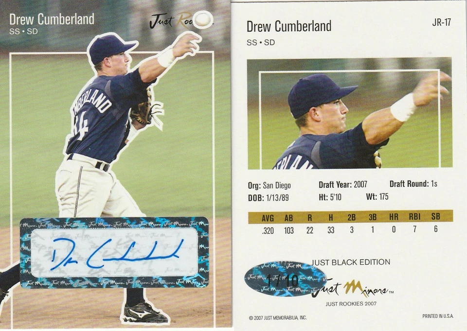 2007 JUST ROOKIES JUST BL. ED, AUTO DREW CUMBERLAND #JR-17 #1/10(NR. MINT/MINT) - Image 1 of 1