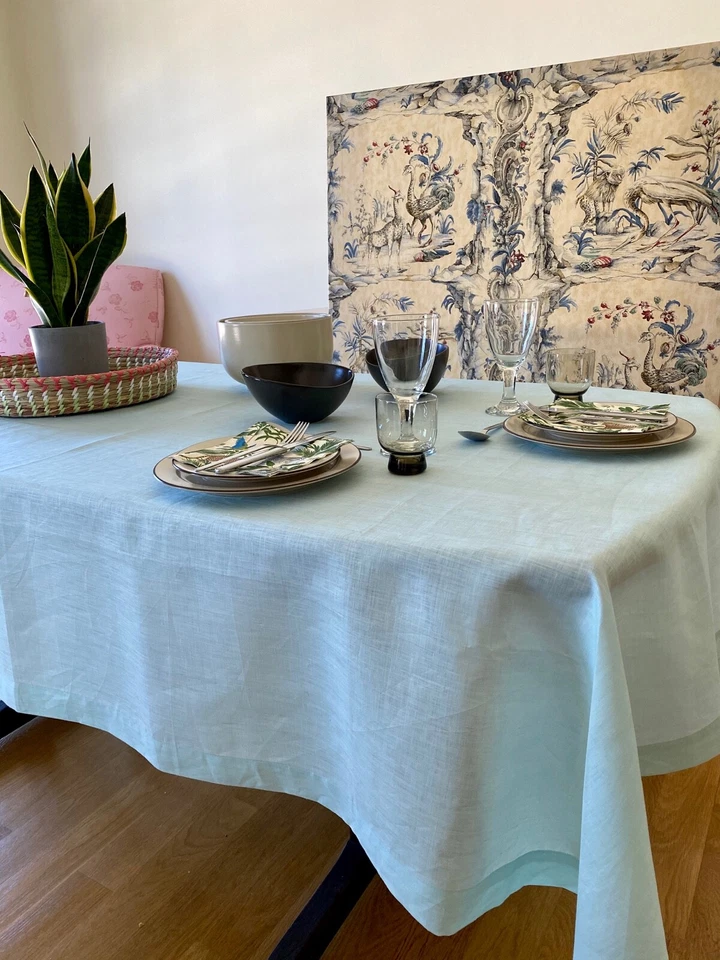 Tablecloth 100% French Linen Yellow Pink Veraman Blue 170x170 170x220 170x240cm - Image 1 of 4