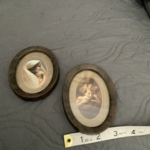 Antique 1897 Oval Metal Framed Cupid Asleep & Mother+child Prints 3.5x4.5” - Picture 1 of 3