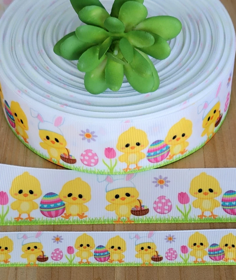 Cinta de grosgrain de Pascua amarilla de 7/8 y 1,5" (1 YD) pollitos bebés huevos de Pascua patos Foto 1 de 1