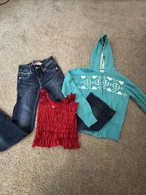 Pantalones de mezclilla Rock& Roll para niñas, azul marino antiguo con cremallera y lindo top rojo Foto 1 de 4