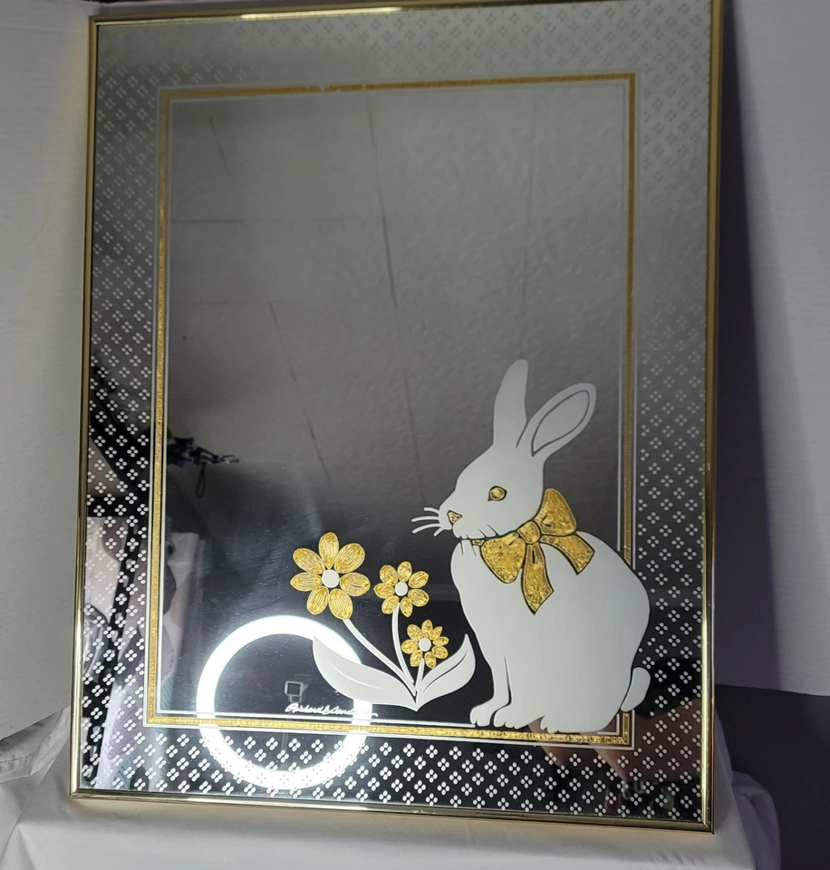 Cottagecore Vintage Rabbit & Flower Etched Mirror Signed by Richard Sandoval - Image 1 of 4